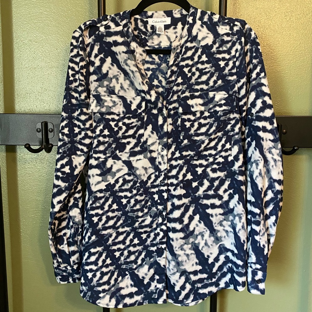 Calvin Klein Long Sleeve Blouse Blue/White